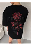 Kadın Bisiklet Yaka Baskılı Oversize  Kısa Kol T-shirt - Siyah