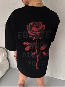 Kadın Bisiklet Yaka Baskılı Oversize  Kısa Kol T-shirt - Siyah