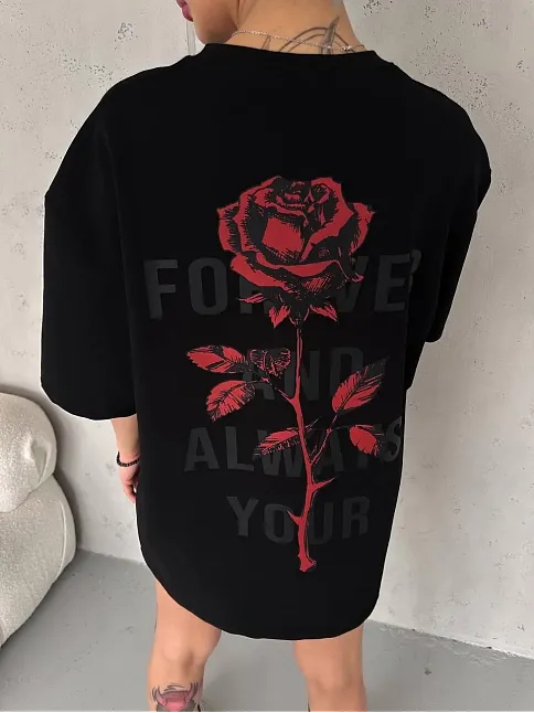 Kadın Bisiklet Yaka Baskılı Oversize  Kısa Kol T-shirt - Siyah