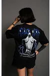 Kadın Bisiklet Yaka Baskılı Oversize  Kısa Kol T-shirt - Siyah