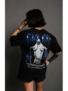 Kadın Bisiklet Yaka Baskılı Oversize  Kısa Kol T-shirt - Siyah