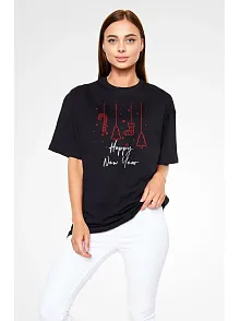Kadın Bisiklet Yaka  Kısa Kol Baskılı Oversize T-shirt - Siyah