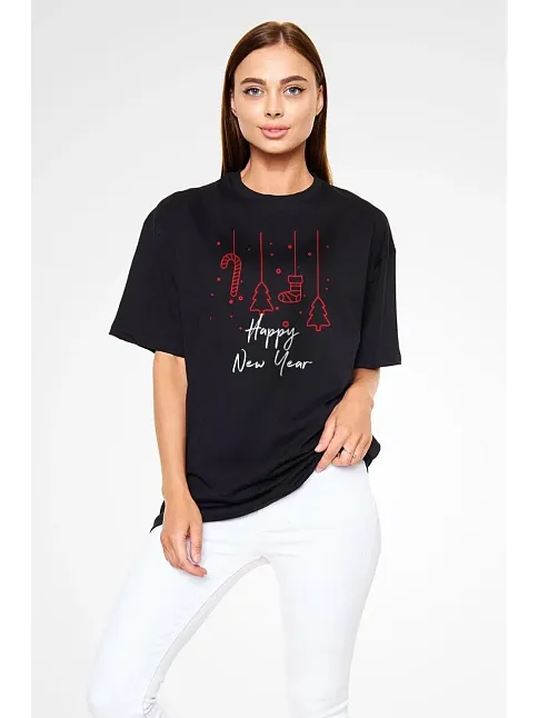 Kadın Bisiklet Yaka  Kısa Kol Baskılı Oversize T-shirt - Siyah