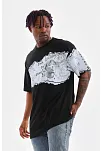 Erkek  Bisiklet Yaka Baskılı Oversize T-shirt - Siyah