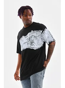 Erkek  Bisiklet Yaka Baskılı Oversize T-shirt - Siyah
