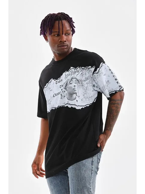 Erkek  Bisiklet Yaka Baskılı Oversize T-shirt - Siyah