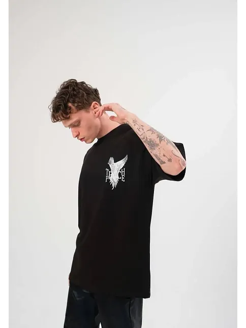 Erkek Kısa Kol Yazlık Tişört Bisiklet Yaka Baskılı Oversize T-shirt - Siyah