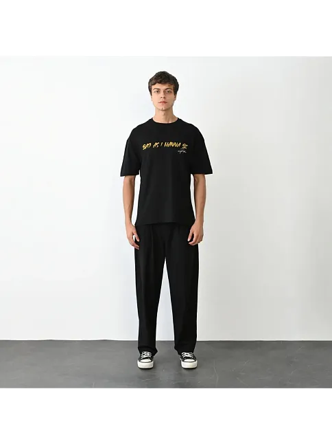 Erkek Baskılı T-shirt Kısa Kol Bisiklet Yaka Regular Fit Rahat Kalıp Günlük Tişört - Siyah
