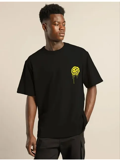 Erkek Kısa Kol Yazlık Tişört Bisiklet Yaka Baskılı Oversize T-shirt - Siyah