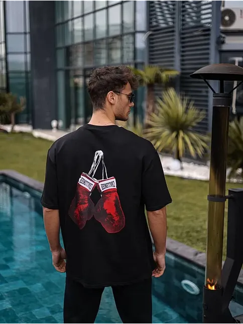 Erkek Kısa Kol Tişört Bisiklet Yaka Box Eldiven Baskılı T-shirt -  Siyah