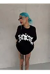 Kadın Bisiklet Yaka Baskılı Oversize Kısa Kol  T-shirt - Siyah