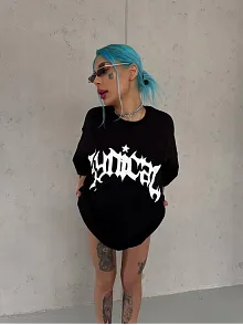 Kadın Bisiklet Yaka Baskılı Oversize Kısa Kol  T-shirt - Siyah