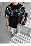 Erkek Bisiklet Yaka Yıldırım Baskılı  Kısa Kol T-shirt-siyah