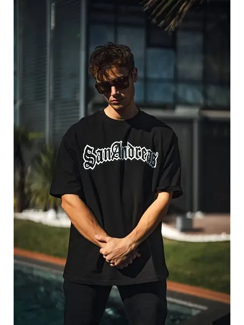 Erkek Tişort Bisiklet Yaka Baskılı Kısa Kol T-shirt - Siyah