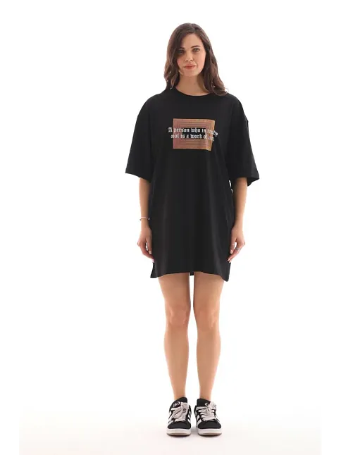 Kadın Baskılı T-shirt Kısa Kol Bisiklet Yaka Oversize Rahat Kalıp Tişört - Siyah