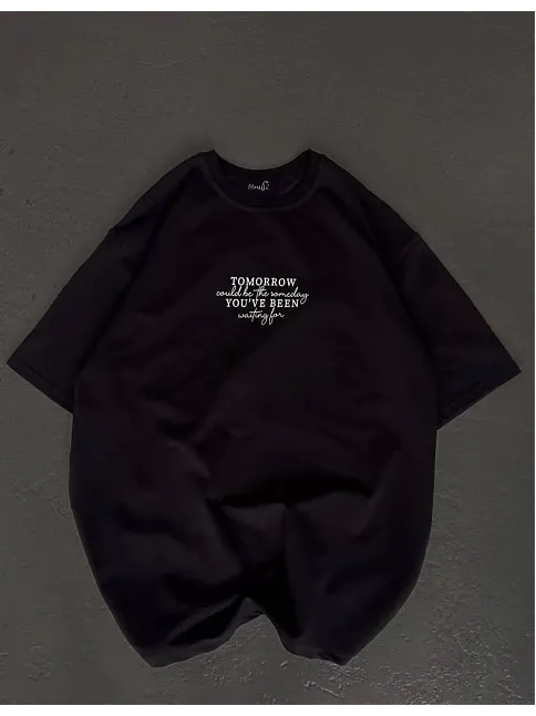 Kadın Baskılı T-shirt Kısa Kol Bisiklet Yaka Oversize Rahat Kalıp Günlük Tişört   - Siyah