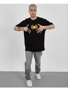 Erkek Kısa Kol Yazlık Tişört Bisiklet Yaka Baskılı Oversize T-shirt - Siyah