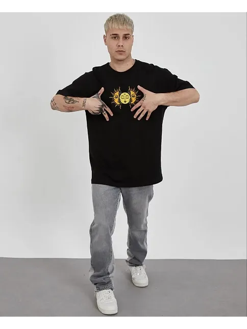 Erkek Kısa Kol Yazlık Tişört Bisiklet Yaka Baskılı Oversize T-shirt - Siyah