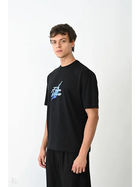 Erkek Kısa Kol Yazlık Tişört Bisiklet Yaka Baskılı Oversize T-shirt - Siyah
