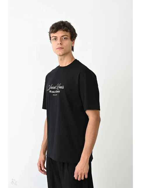 Erkek Kısa Kol Yazlık Tişört Bisiklet Yaka Baskılı Oversize T-shirt - Siyah
