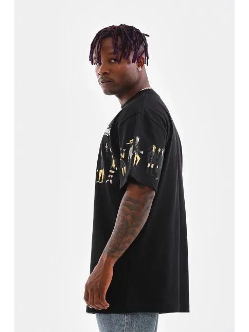 Erkek Kısa Kol Yazlık Tişört Bisiklet Yaka Baskılı Oversize T-shirt - Siyah