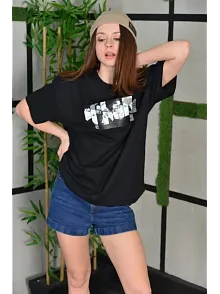 Kadın Bisiklet Yaka Baskılı  Kısa Kol Oversize T-shirt - Siyah