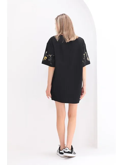Kadın Kısa Kol Yazlık Tişört Bisiklet Yaka Baskılı Oversize T-shirt - Siyah