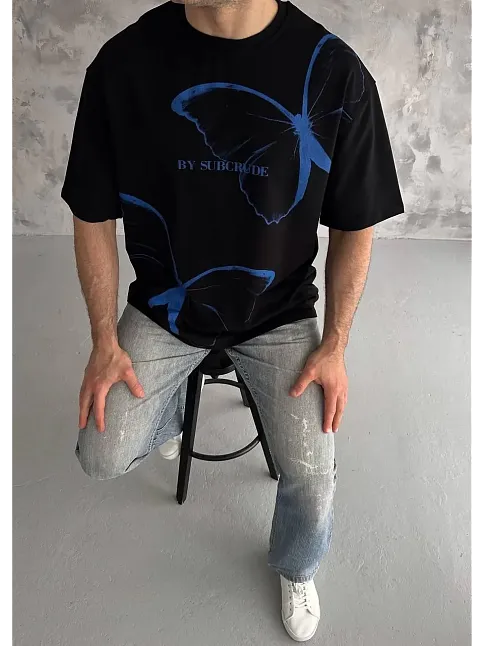 Erkek Kısa Kol Yazlık Tişört Bisiklet Yaka Baskılı Oversize T-shirt - Siyah