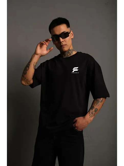 Erkek Kısa Kol Yazlık Tişört Bisiklet Yaka Baskılı Oversize T-shirt - Siyah