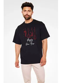 Erkek Kısa Kol Tişört Bisiklet Yaka Yeni Yıl Baskılı T-shirt - Siyah