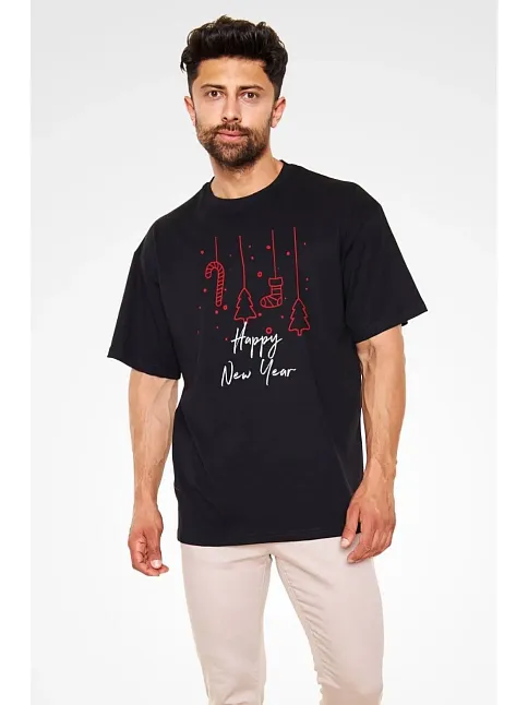 Erkek Kısa Kol Tişört Bisiklet Yaka Yeni Yıl Baskılı T-shirt - Siyah