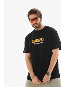 Erkek Kısa Kol Yazlık Tişört Bisiklet Yaka Baskılı Oversize T-shirt - Siyah