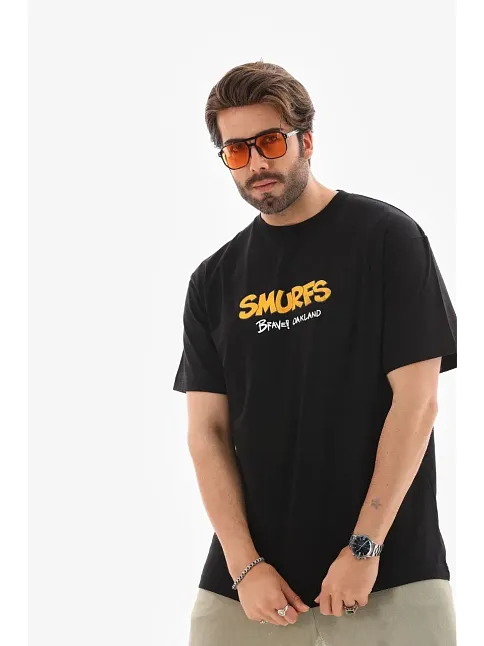 Erkek Kısa Kol Yazlık Tişört Bisiklet Yaka Baskılı Oversize T-shirt - Siyah