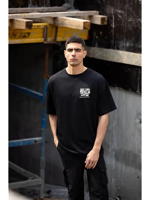 Erkek Kısa Kol Yazlık Tişört Bisiklet Yaka Baskılı Oversize T-shirt - Siyah
