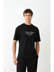Erkek Kısa Kol Yazlık Tişört Bisiklet Yaka Baskılı Oversize T-shirt - Siyah