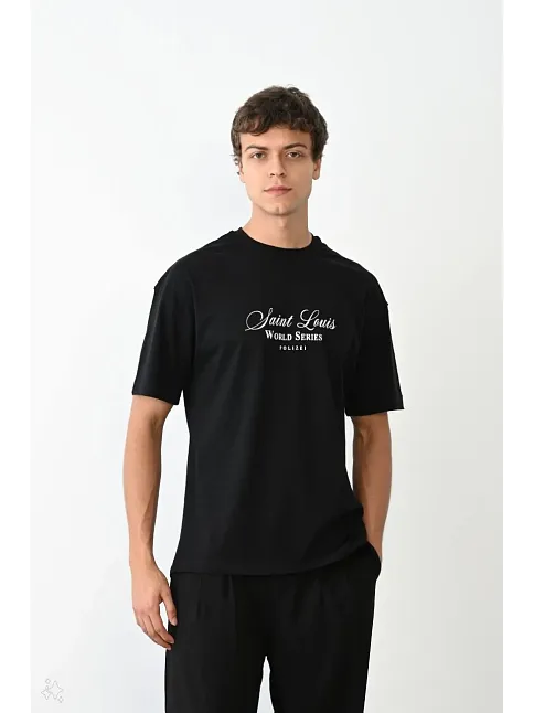 Erkek Kısa Kol Yazlık Tişört Bisiklet Yaka Baskılı Oversize T-shirt - Siyah