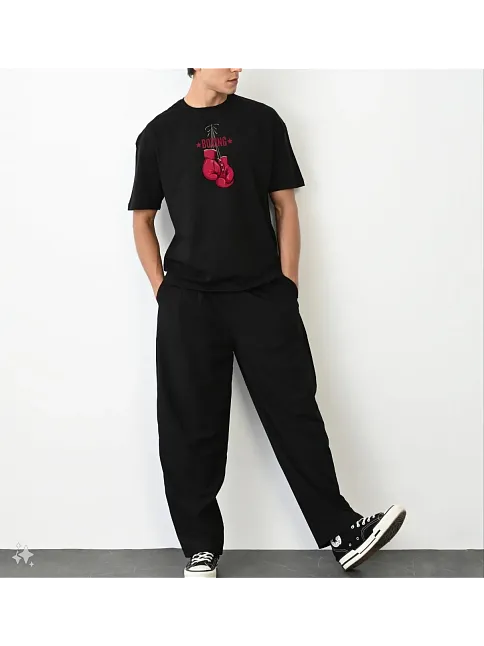 Erkek Boks Eldiven Baskılı T-shirt Kısa Kol Bisiklet Yaka Regular Tişört - Siyah