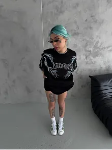Kadın Bisiklet Yaka Yıldırım Baskılı  Kısa Kol Oversize T-shirt - Siyah