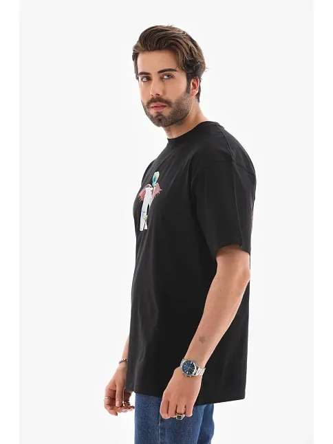 Erkek Baskılı T-shirt Kısa Kol Bisiklet Yaka Regular Fit Rahat Kalıp Tişört -  Siyah