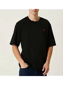 Erkek Kısa Kol Tişört Bisiklet Yaka Kalp Baskılı Oversize T-shirt - Siyah