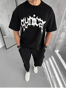 Erkek Tişört Bisiklet Yaka Baskılı Oversize Kısa Kol T-shirt - Siyah