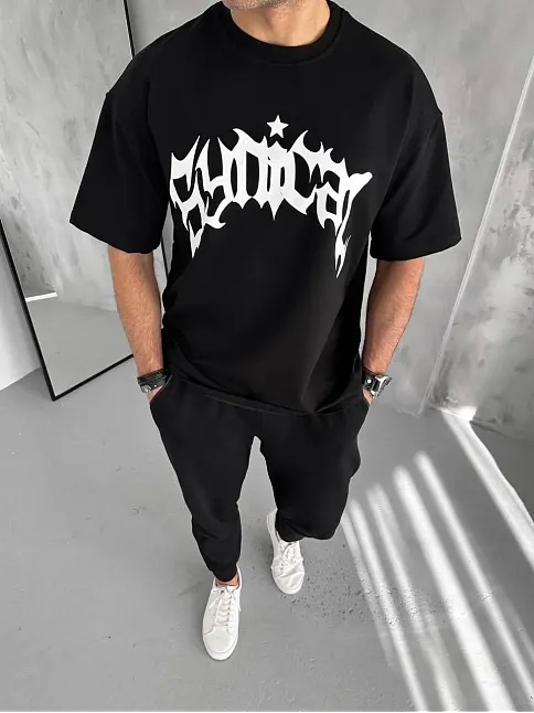 Erkek Tişört Bisiklet Yaka Baskılı Oversize Kısa Kol T-shirt - Siyah
