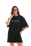 Kadın Baskılı T-shirt Kısa Kol Bisiklet Yaka Oversize Rahat Kalıp Günlük Tişört - Siyah