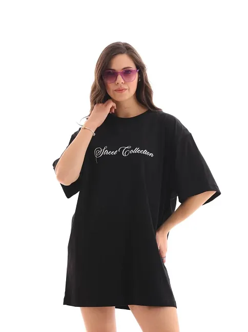 Kadın Baskılı T-shirt Kısa Kol Bisiklet Yaka Oversize Rahat Kalıp Günlük Tişört - Siyah