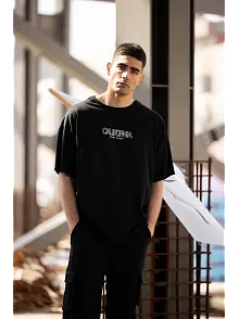 Erkek Baskılı T-shirt Kısa Kol Bisiklet Yaka Regular Fit Rahat Kalıp Günlük Tişört - Siyah