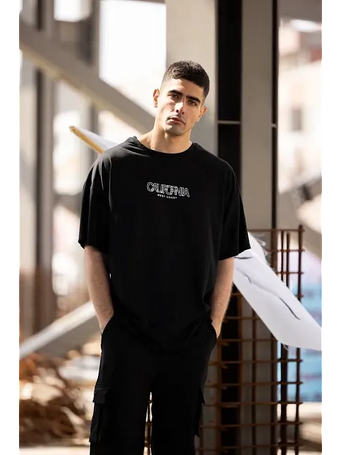 Erkek Baskılı T-shirt Kısa Kol Bisiklet Yaka Regular Fit Rahat Kalıp Günlük Tişört - Siyah