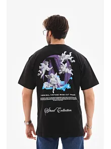 Erkek Kısa Kol Yazlık Tişört Bisiklet Yaka Baskılı Oversize T-shirt - Siyah
