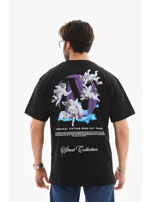 Erkek Kısa Kol Yazlık Tişört Bisiklet Yaka Baskılı Oversize T-shirt - Siyah