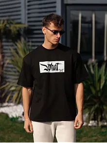 Erkek Kısa Kol Yazlık Tişört Bisiklet Yaka Baskılı Oversize T-shirt - Siyah