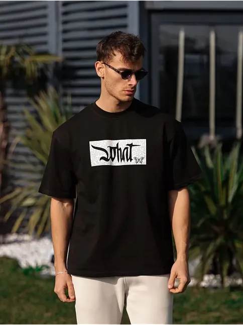 Erkek Kısa Kol Yazlık Tişört Bisiklet Yaka Baskılı Oversize T-shirt - Siyah
